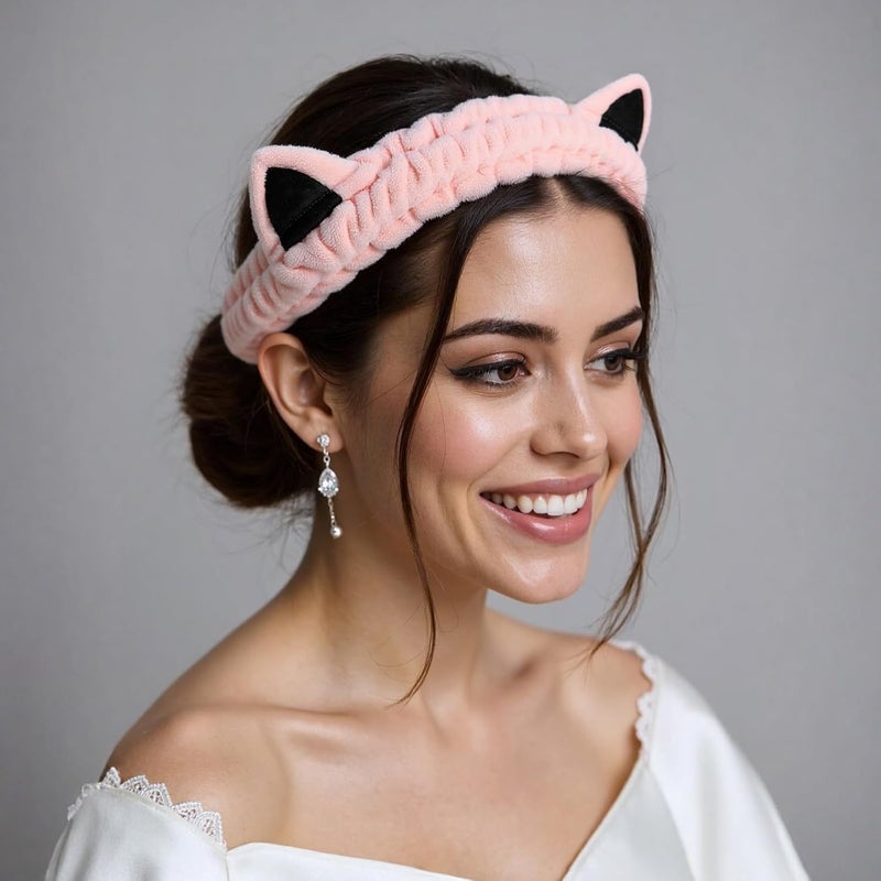 Waliah 2 Pcs Cat Ears Headband, Cute Spa Headbands for Washing Face Skincare Makeup Headbands for Women Girls Trendy Stuff Present Soft Coral Fleece Hair Accessories(Pink Purple) - Image 2
